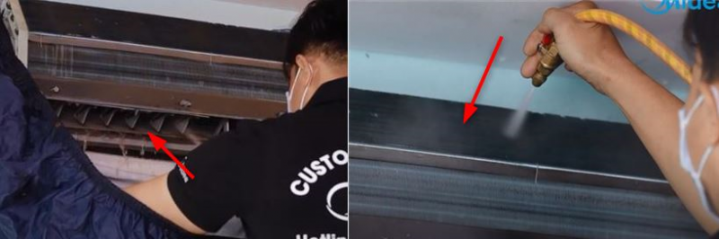 xịt rửa dàn lạnh bằng bơm tăng áp