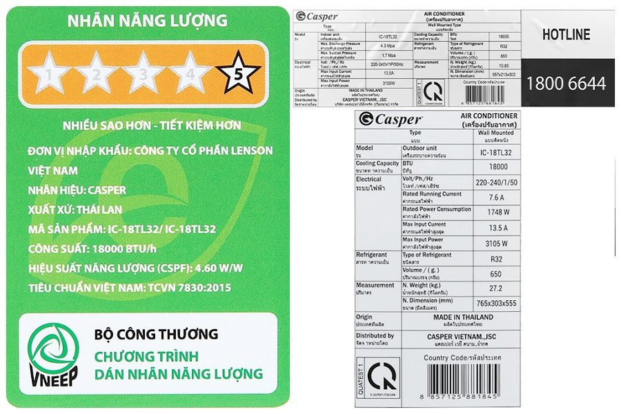 Công suất tiêu thụ của điều hòa Casper 18000BTU