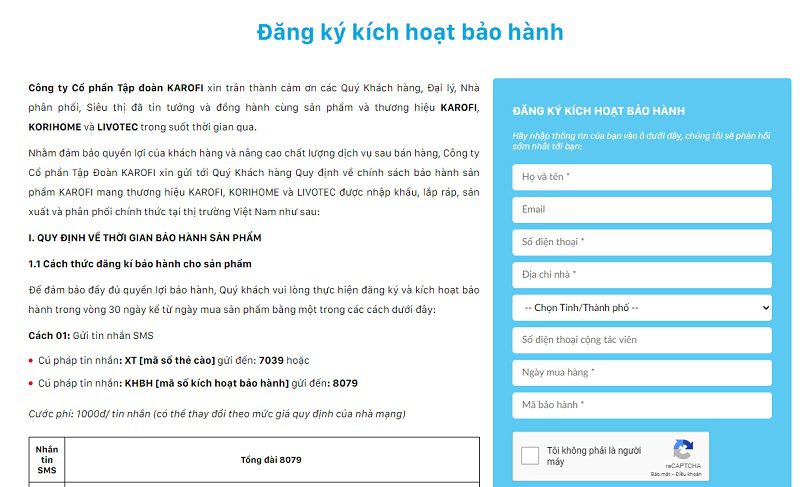 đăng Kí Bảo Hành điện Tử Karofi