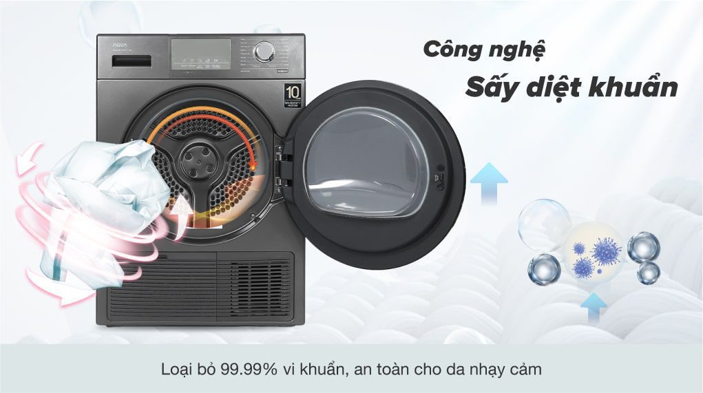 Máy sấy bơm nhiệt AQUA 7 Kg AQH-H900G PS - Sấy diệt khuẩn 99.99%
