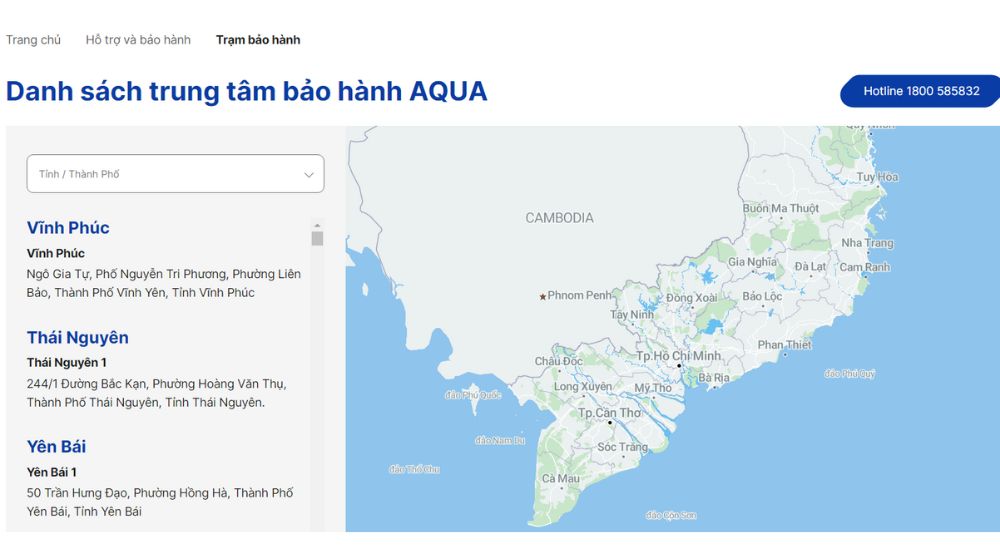 Nhập thông tin tìm trung tâm bảo hành Aqua
